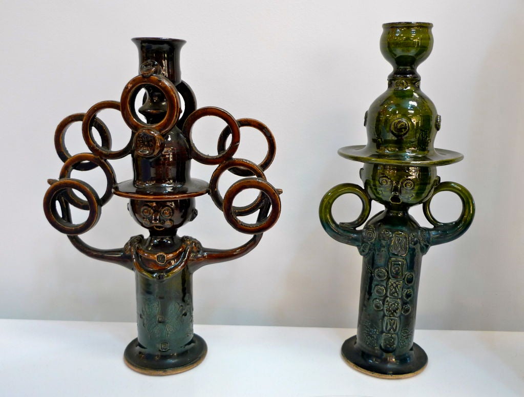 Two whimsical ceramic candle holders by Bjorn Wiinblad, Denmark. Signed 1970 and 1969, left to right respectively.<br />
<br />
Price is for both