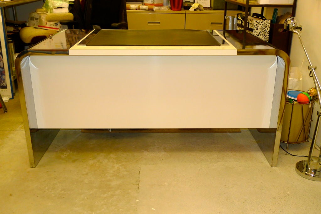 1970's Waterfall Desk in Chrome & White Laminate 1