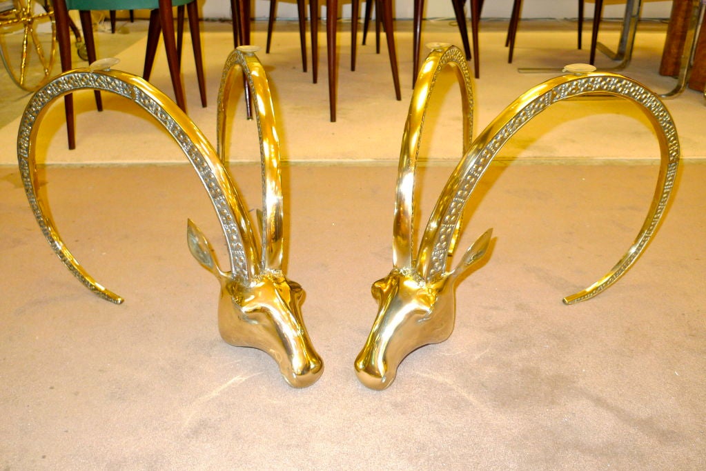 Pair of solid polished brass ibex/gazelle heads which together can support a rectangular glass top for a cocktail table or, with modification can be used independently as low side tables.<br />
<br />
After designs by Chervet and Phyllis Morris.