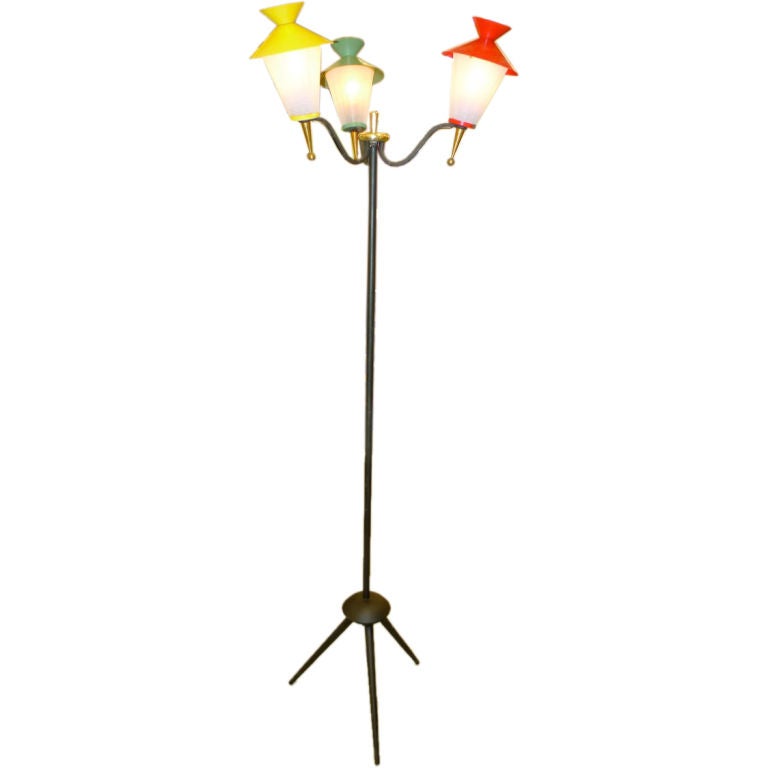 Three Lantern Tripod Floor Lamp by Arlus For Sale