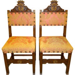 Pair of Carved Spanish Hall Chairs in Original Vintage Fortuny