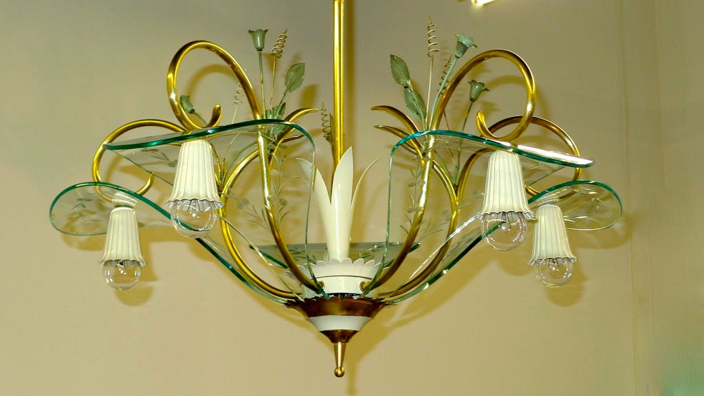 Knock-your-socks-off gorgeous 1950's Italian chandelier in the style of Pietro Chiesa for Fontana Arte.  Five curved etched glass 'petals' supported by scrolled brass arms and foliate tendrils.  Bulb sockets are in each of the five enameled aluminum