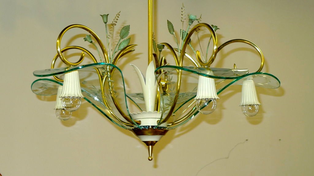 1950's Italian Chandelier Manner of Fontana Arte Etched Curved Glass Petals In Excellent Condition For Sale In Hanover, MA