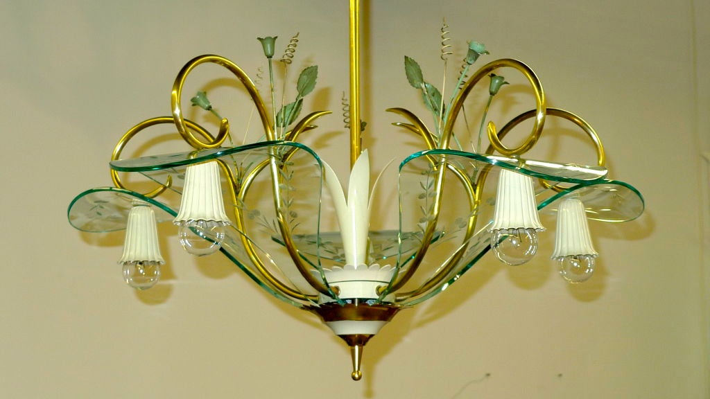 Brass 1950's Italian Chandelier Manner of Fontana Arte Etched Curved Glass Petals For Sale