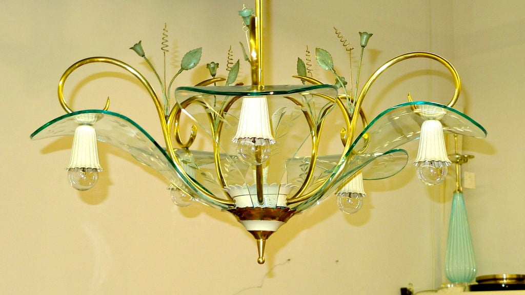 1950's Italian Chandelier Manner of Fontana Arte Etched Curved Glass Petals For Sale 1