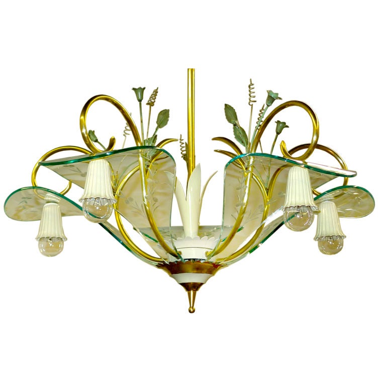 1950's Italian Chandelier Manner of Fontana Arte Etched Curved Glass Petals For Sale