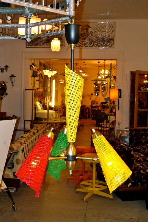 Mid-20th Century French Tri-Color Perforated Metal Chandelier by Lunel For Sale