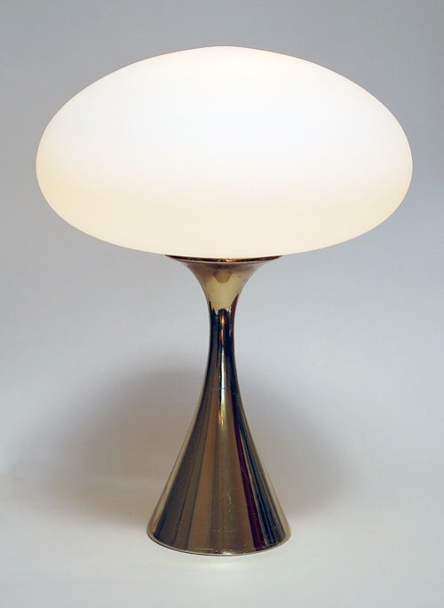 Iconic Mushroom Lamp in rare brass with original satin glass shade by Laurel.<br />
<br />
Space Age Mod Pop chic!