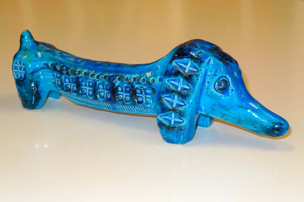 Vintage Bitossi/Flavia Rimini Blue Ceramic dachshunds.  Hand Made, artisan decorated.  One marked Flavia, one unmarked.