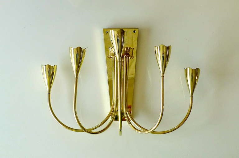 Pair of 1950's Italian Brass 5 Arm Candelabra Sconces For Sale 4