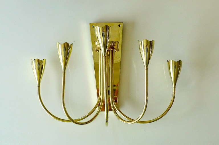 Pair of 1950's Italian Brass 5 Arm Candelabra Sconces For Sale 8