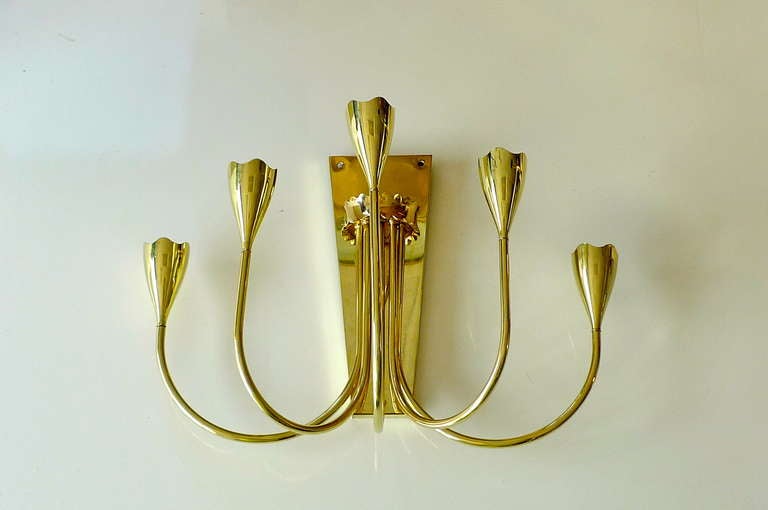 Pair of 1950's Italian Brass 5 Arm Candelabra Sconces For Sale 9