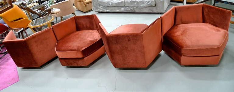 Hexagonal Club Chairs in 'Dr. Pepper' Velvet from American Hustle In Excellent Condition In Hanover, MA