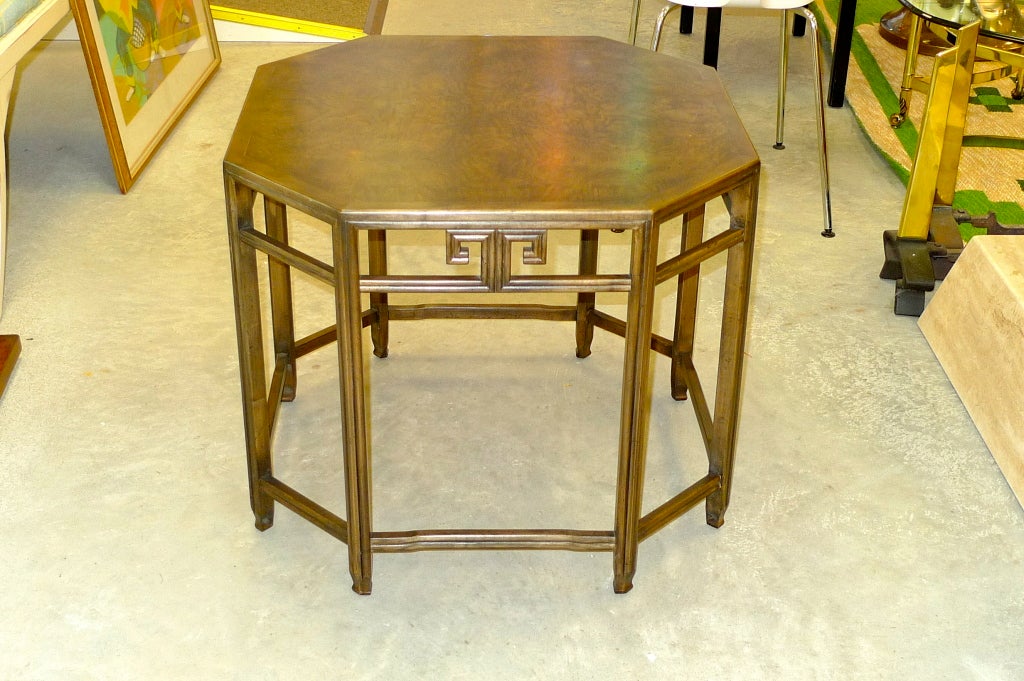 Generously proportioned side or end table by Baker Furniture Company for their Far East Collection by Michael Taylor,  in burl walnut and having Greek key elements. Sturdy yet light.