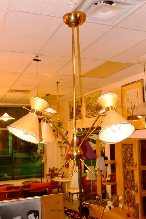 Brass French 1950's Multi-Arm Chandelier w/ Parchment Diabolo Shades For Sale