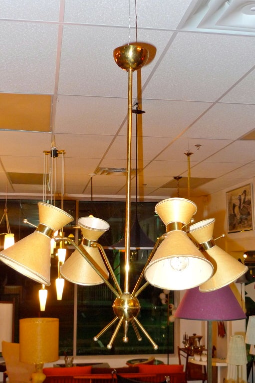 French 1950's Multi-Arm Chandelier w/ Parchment Diabolo Shades For Sale 1