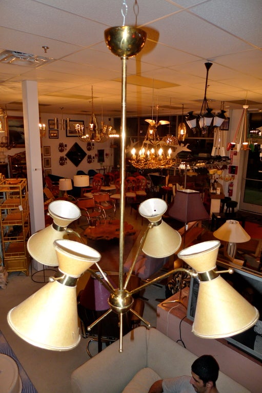 French 1950's Multi-Arm Chandelier w/ Parchment Diabolo Shades For Sale 2