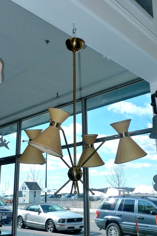 French 1950's Multi-Arm Chandelier w/ Parchment Diabolo Shades For Sale 4