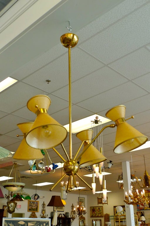 French 1950's Multi-Arm Chandelier w/ Parchment Diabolo Shades For Sale 6