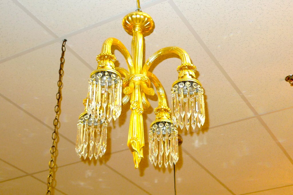 Four Arm Gilt Bronze & Crystal Chandelier In Excellent Condition For Sale In Hanover, MA