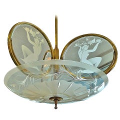 1940's Italian Etched Glass Three Ring Chandelier 5