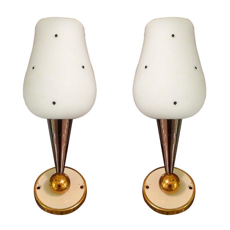 Pair of Petite French Opaline Goblet 
Gunmetal Sconces