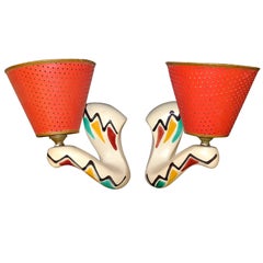 Whimsical French 1950's Ceramic Sconces