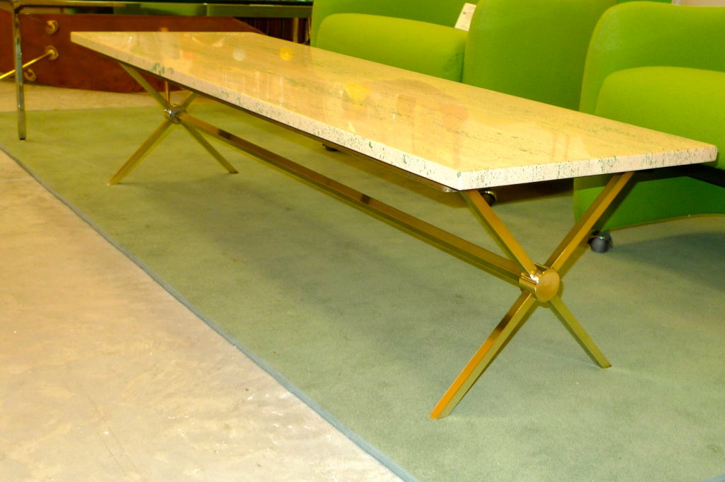 Long Brass X Base Cocktail Table with Travertine Top
