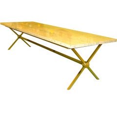 Long Brass X Base Cocktail Table with Travertine Top