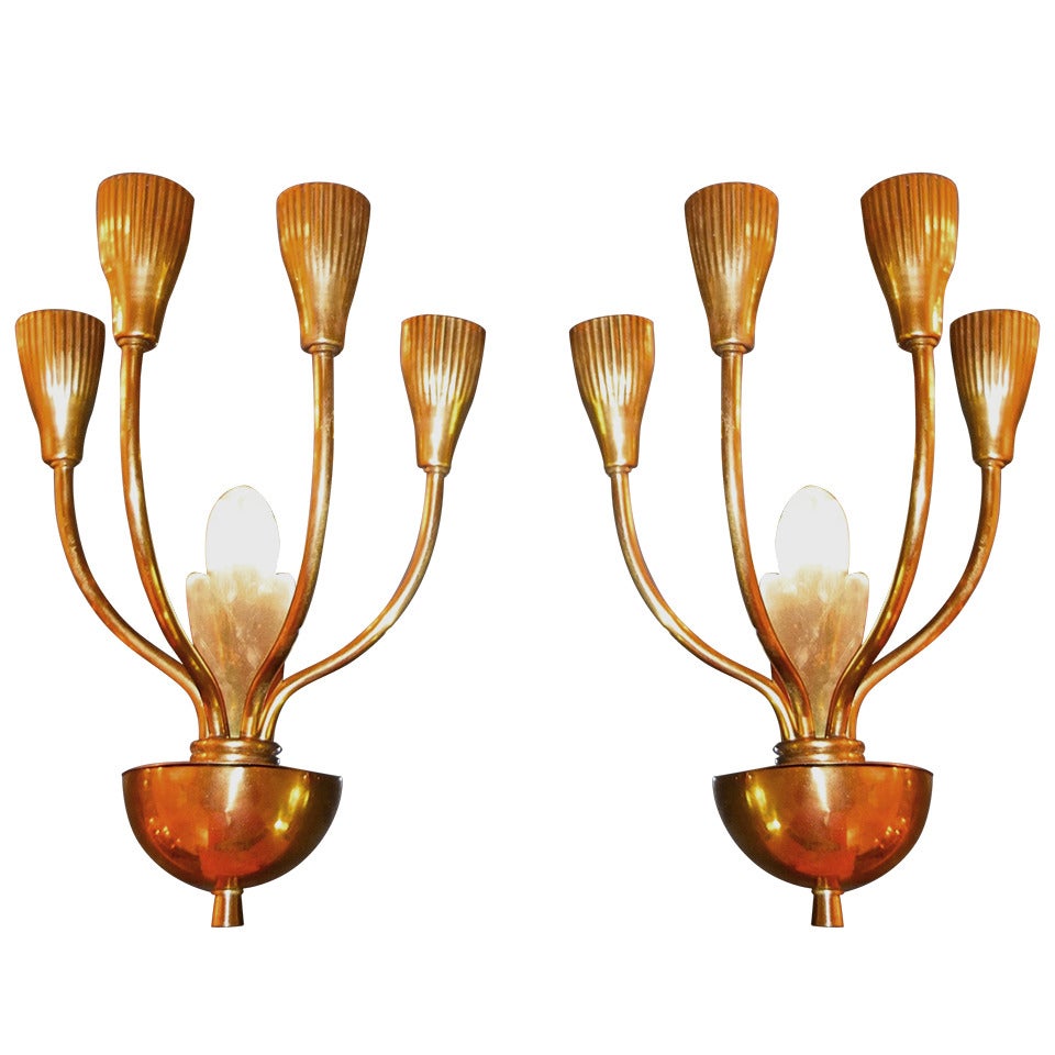 Pair of 1950's Italian Brass Candelabra Sconces For Sale