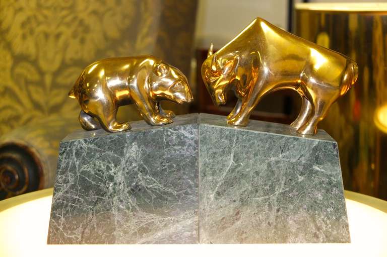 Italian Bull and Bear Brass and Marble Bookends