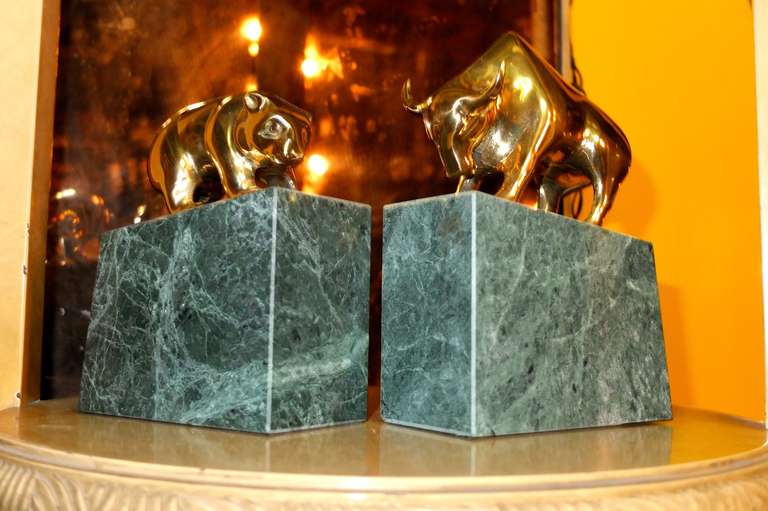 Bull and Bear Brass and Marble Bookends In Excellent Condition In Hanover, MA