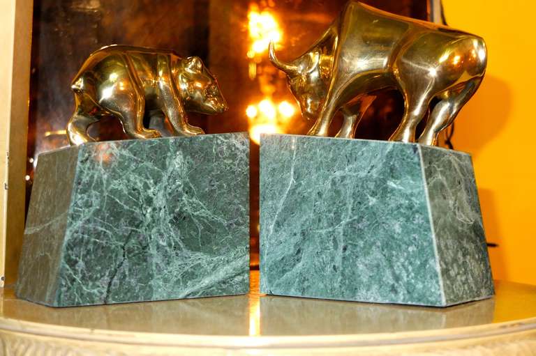 20th Century Bull and Bear Brass and Marble Bookends