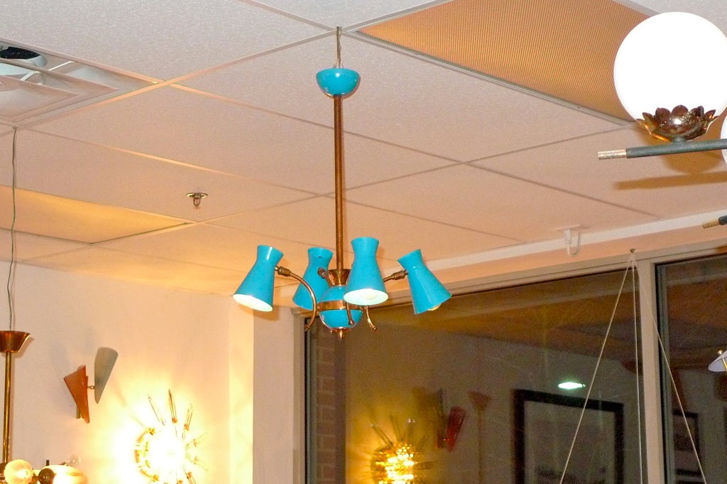 Mid-Century Modern French 1950's Four Arm Chandelier in Copper & Turquoise Aluminum For Sale