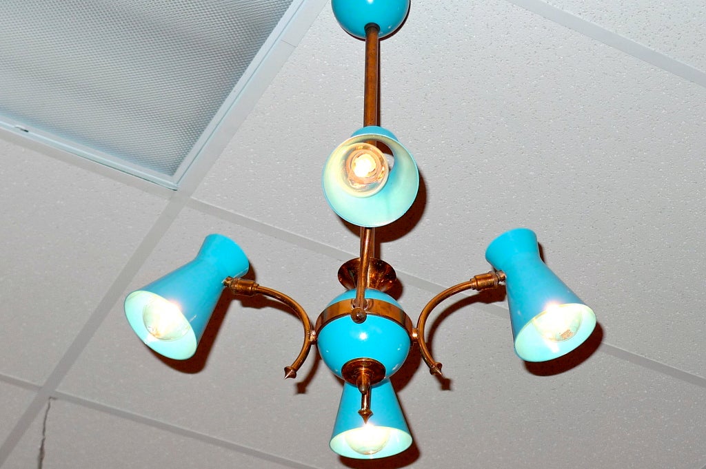 Enameled French 1950's Four Arm Chandelier in Copper & Turquoise Aluminum For Sale