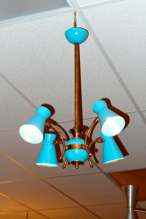 French 1950's Four Arm Chandelier in Copper & Turquoise Aluminum In Excellent Condition For Sale In Hanover, MA