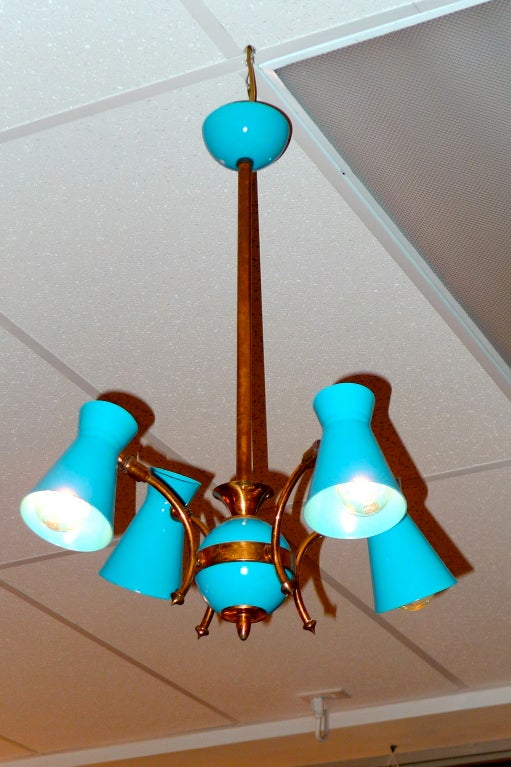 Mid-20th Century French 1950's Four Arm Chandelier in Copper & Turquoise Aluminum For Sale