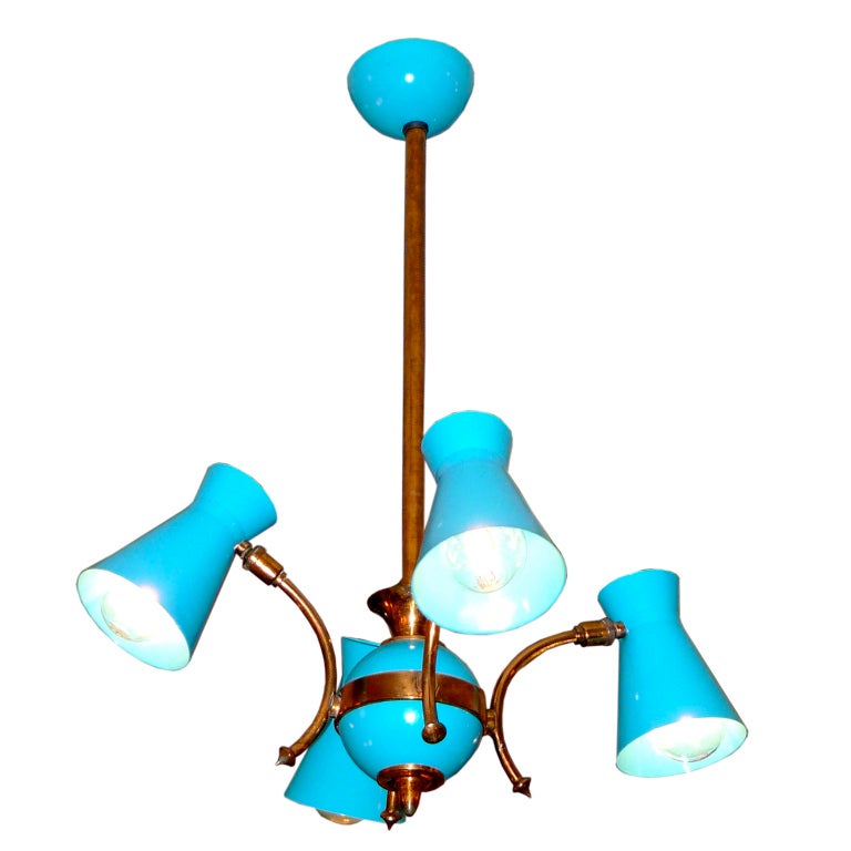 French 1950's Four Arm Chandelier in Copper & Turquoise Aluminum For Sale