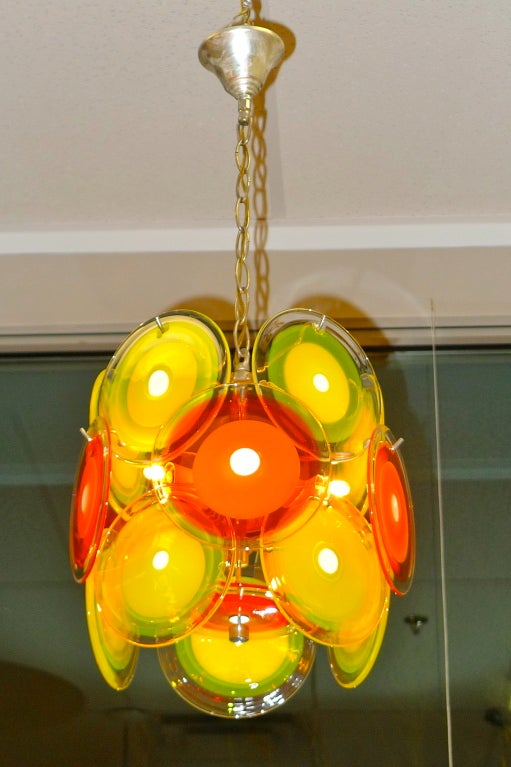 Italian Vistosi Orange & Yellow Murano Glass Disk Chandelier