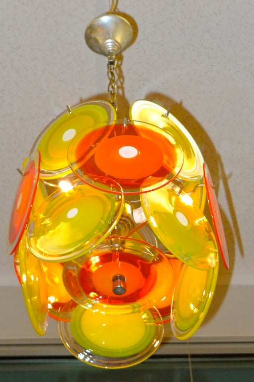 Vistosi Orange & Yellow Murano Glass Disk Chandelier In Excellent Condition In Hanover, MA