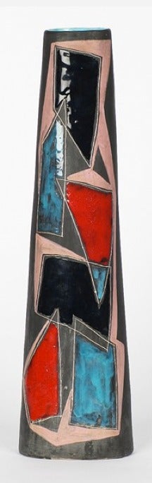 Tall slender vase by Marcello Fantoni with applied enamel and various geometric shapes and colors, early factory mark, Italy.