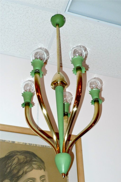 Oversize 1940's Italian chandelier attributed to Guglielmo Ulrich with five curved brass arms terminating in scalloped edge enameled aluminum bobeches and cups with full size Edison screw sockets.