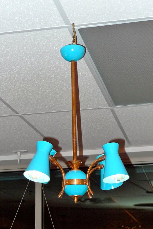 French 1950's Four Arm Chandelier in Copper & Turquoise Aluminum For Sale 1