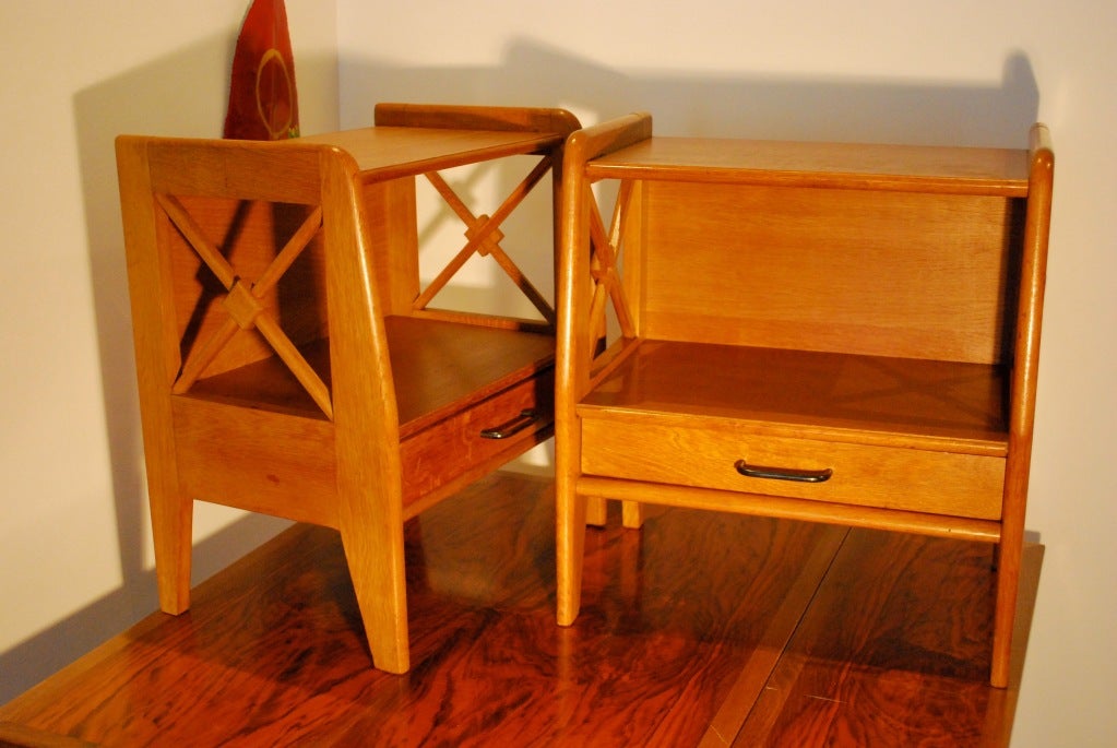 Oak Pair of 1940's French Nightstands by Jacques Adnet