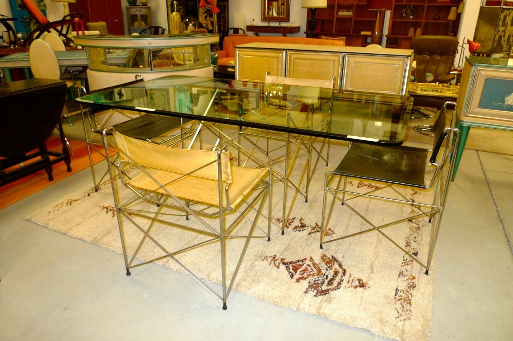 American 1970's Pace Collection Chrome Scaffold Dining Table & Six Chairs