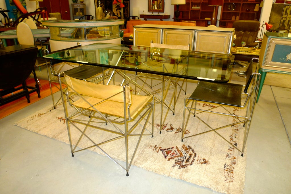 1970's Pace Collection Chrome Scaffold Dining Table & Six Chairs For Sale 1