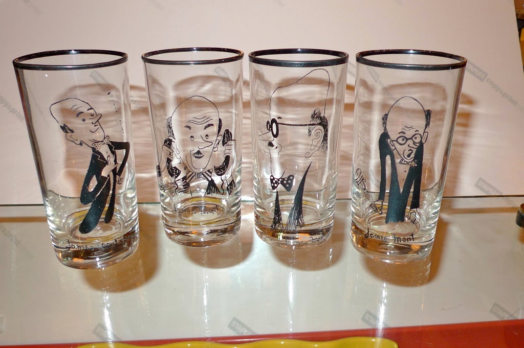 A group of six cocktail glasses depicting caricatures of hot tempered and beguiling designer, James Mont, often called the 