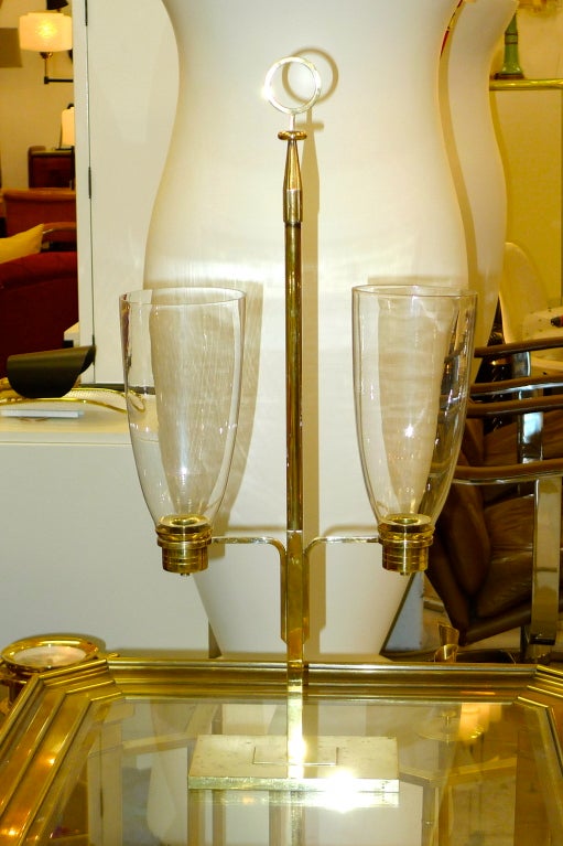 American Rare Brass Double Hurricane Lamp by Tommi Parzinger