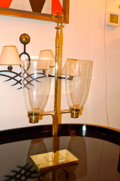 Mid-20th Century Rare Brass Double Hurricane Lamp by Tommi Parzinger
