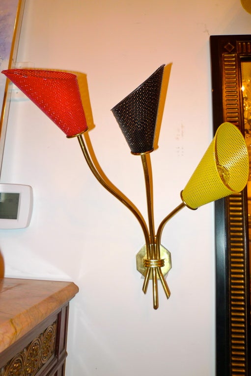 French 1950's wall sconce with three brass organic 